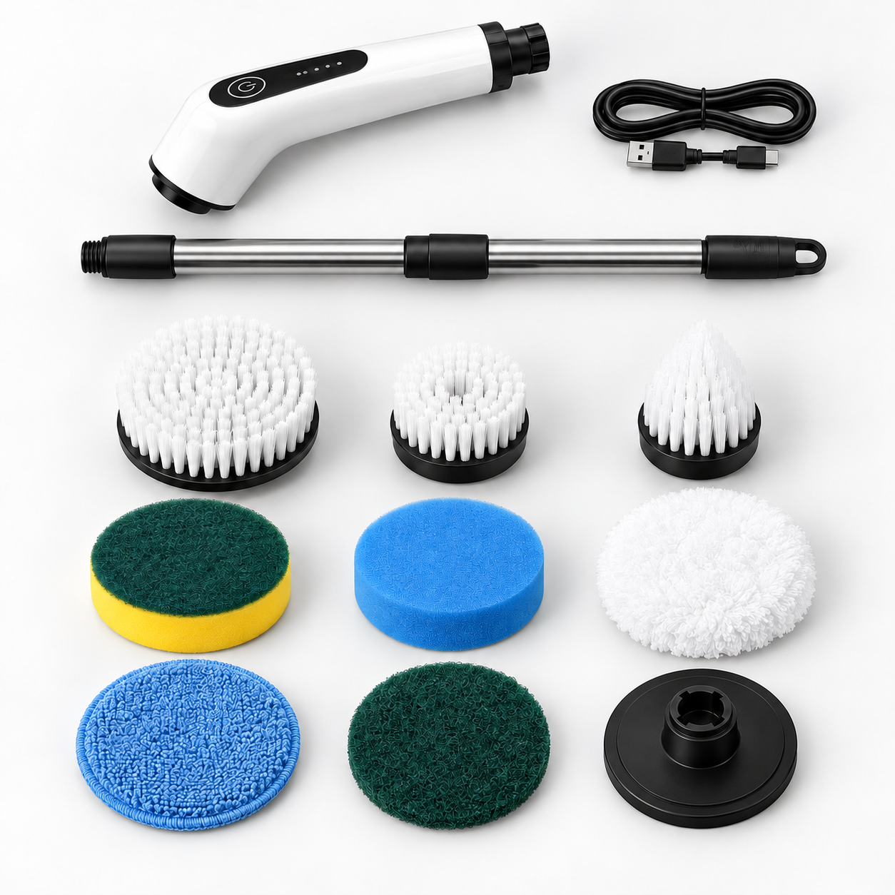 Kit de limpeza organizado com unidade elétrica, cabo extensor, cabo USB, escovas, esponjas, panos e adaptador